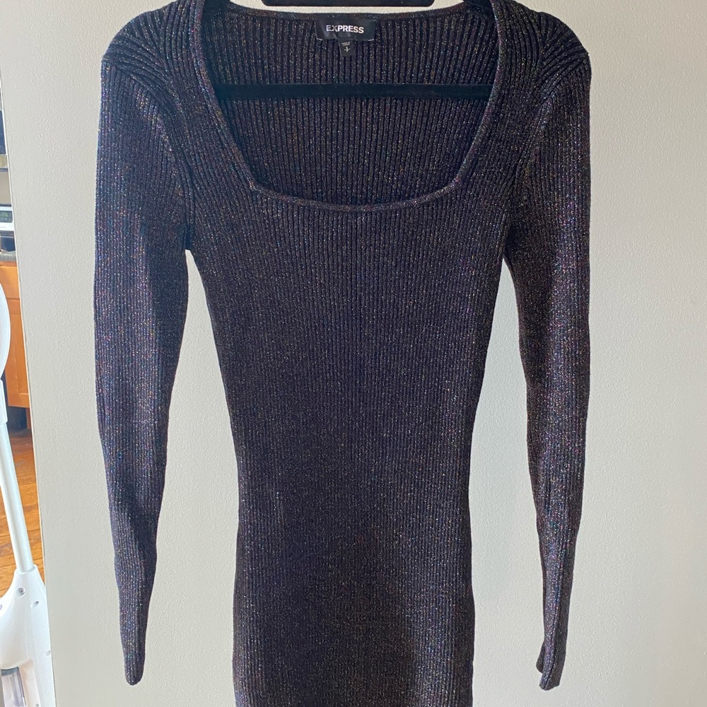 Express Body Con Glitter Mini Sweater Dress Black Confetti